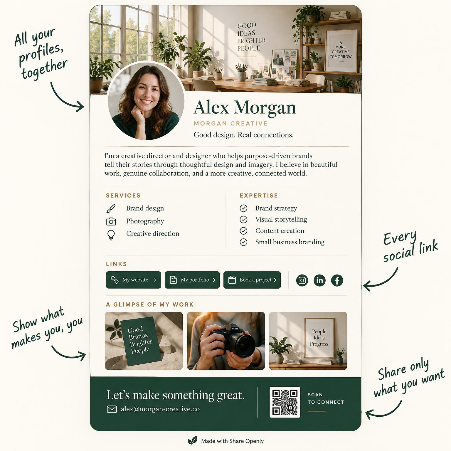 Illustrative business flyer for Alex Morgan, with handwritten arrows pointing to her profile, social links, work photos and contact details