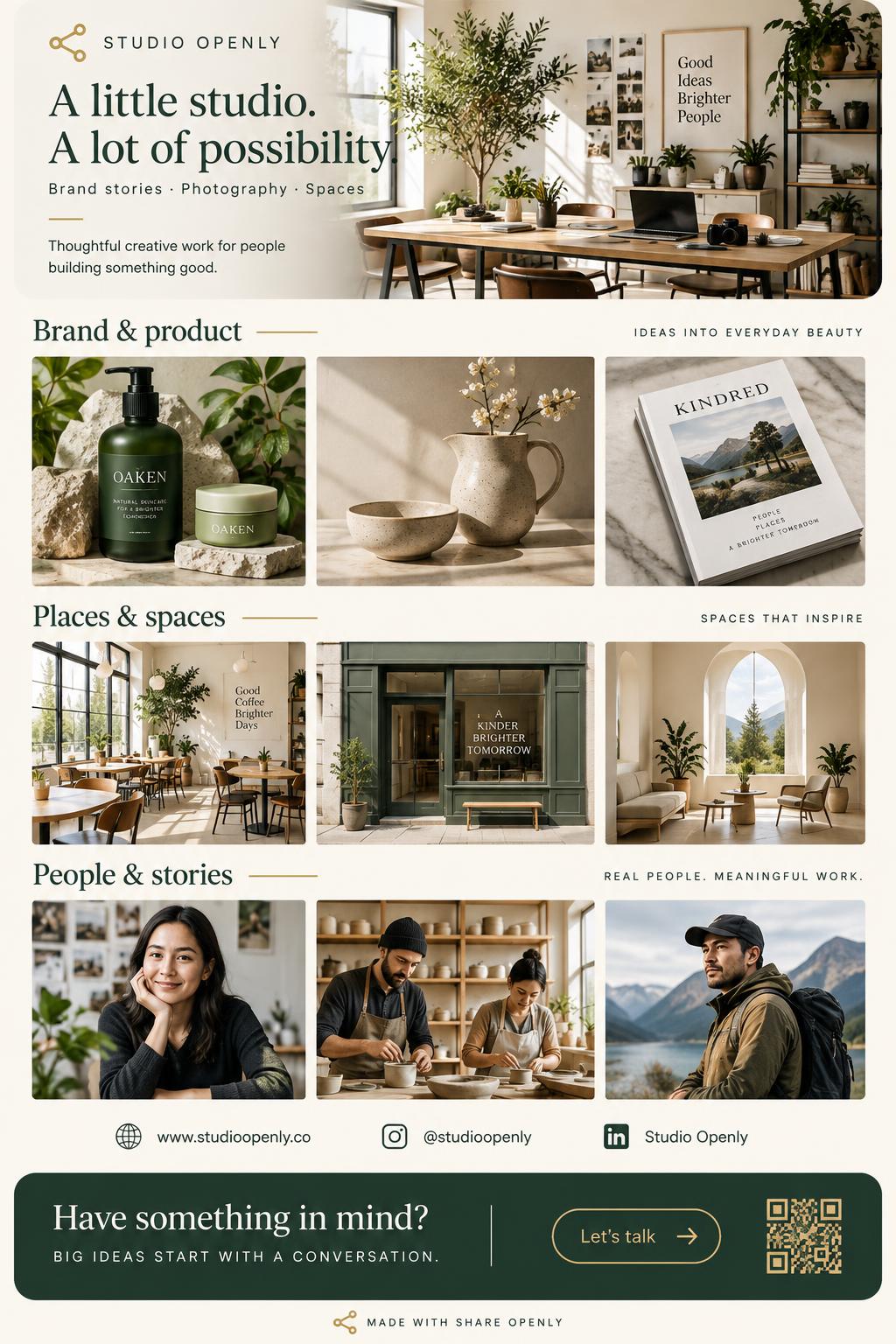 Illustrative Studio Openly portfolio flyer featuring brand and product, places and spaces, and people and stories photography